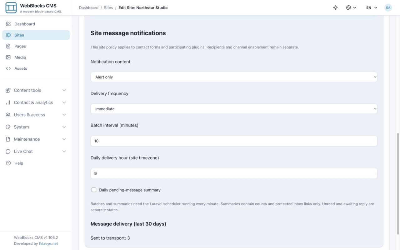 Site Contact settings showing the shared notification policy used for the local email test