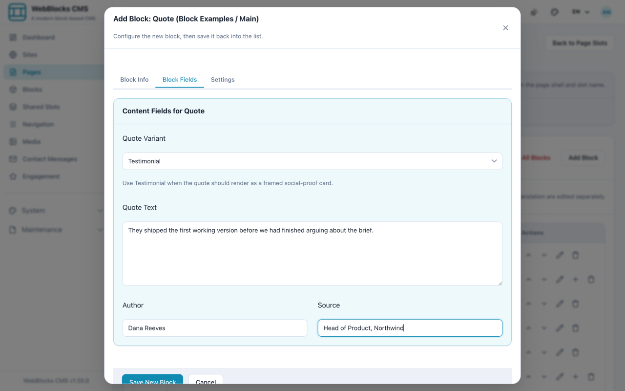 Quote block form showing the quote text, author, source, and variant fields.