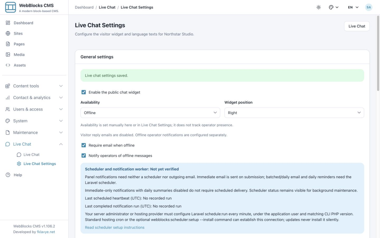 Live Chat general settings saved with Offline availability, required offline email and operator notifications enabled