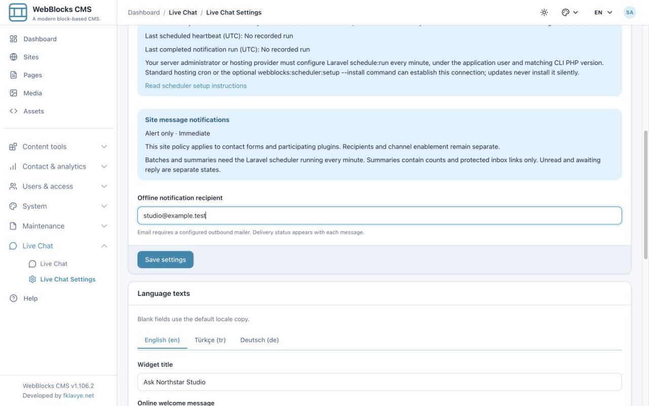 Offline notification recipient and the inherited Alert only and Immediate policy in Live Chat Settings