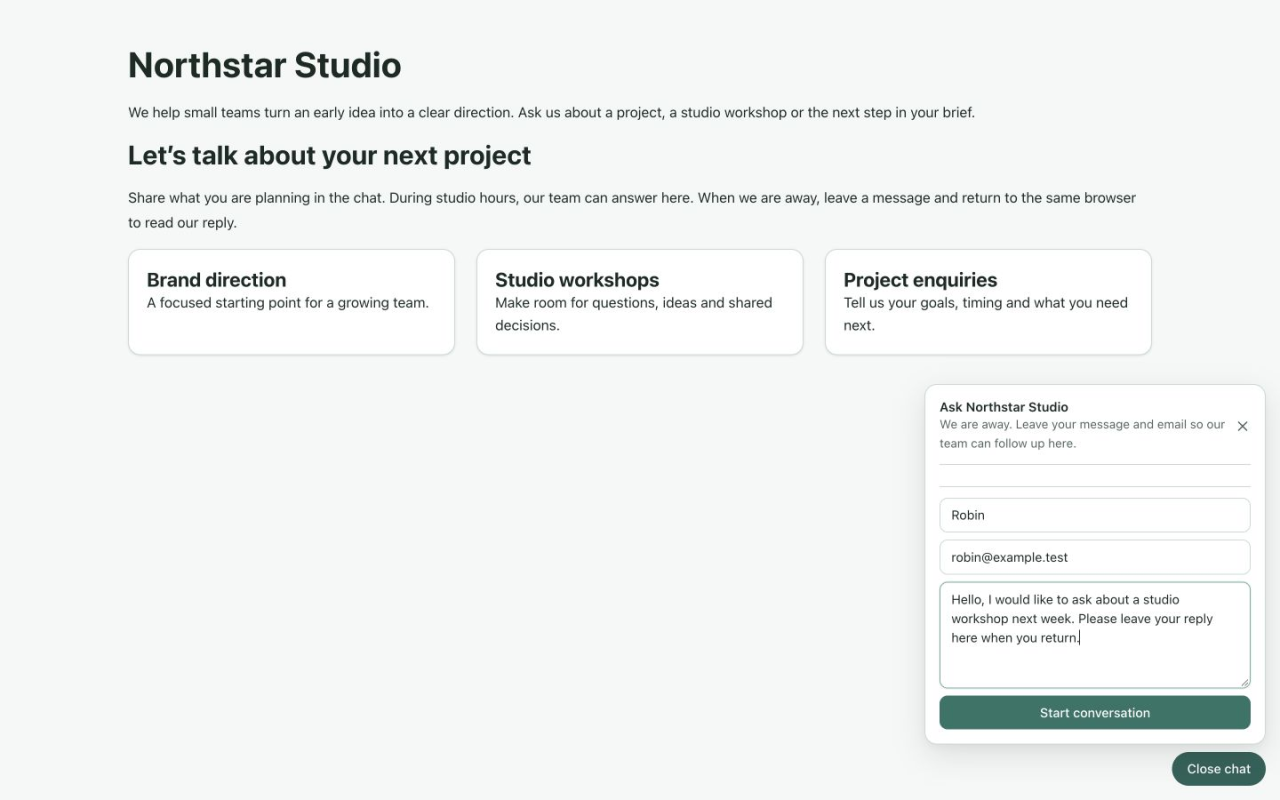 Offline visitor intake with Robin, a required fictional email address and a workshop enquiry