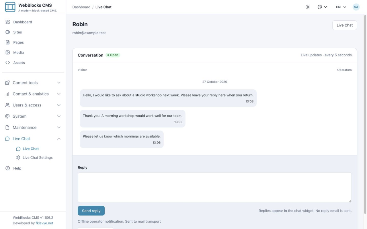Robin's offline conversation showing the operator notification Sent to mail transport