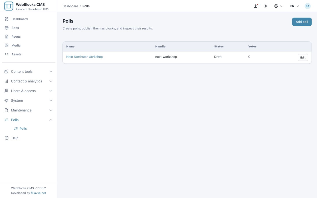 Saved Next Northstar workshop poll listed as Draft with zero recorded ballots
