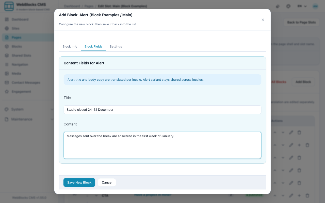 Alert block form showing title, content, and the variant selector.