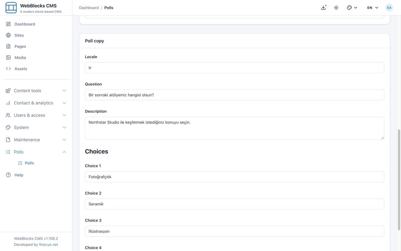 English administration interface showing locale tr with a Turkish question, description and matching translated choices