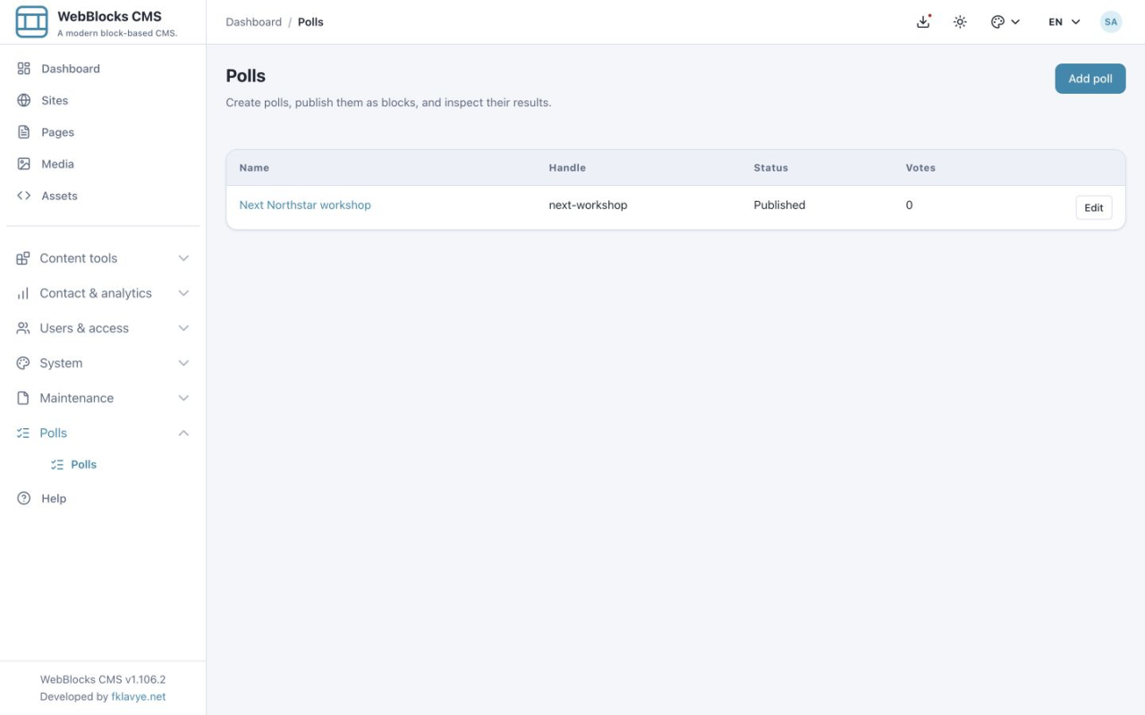 Northstar poll listed as Published and ready to be selected by a Poll block