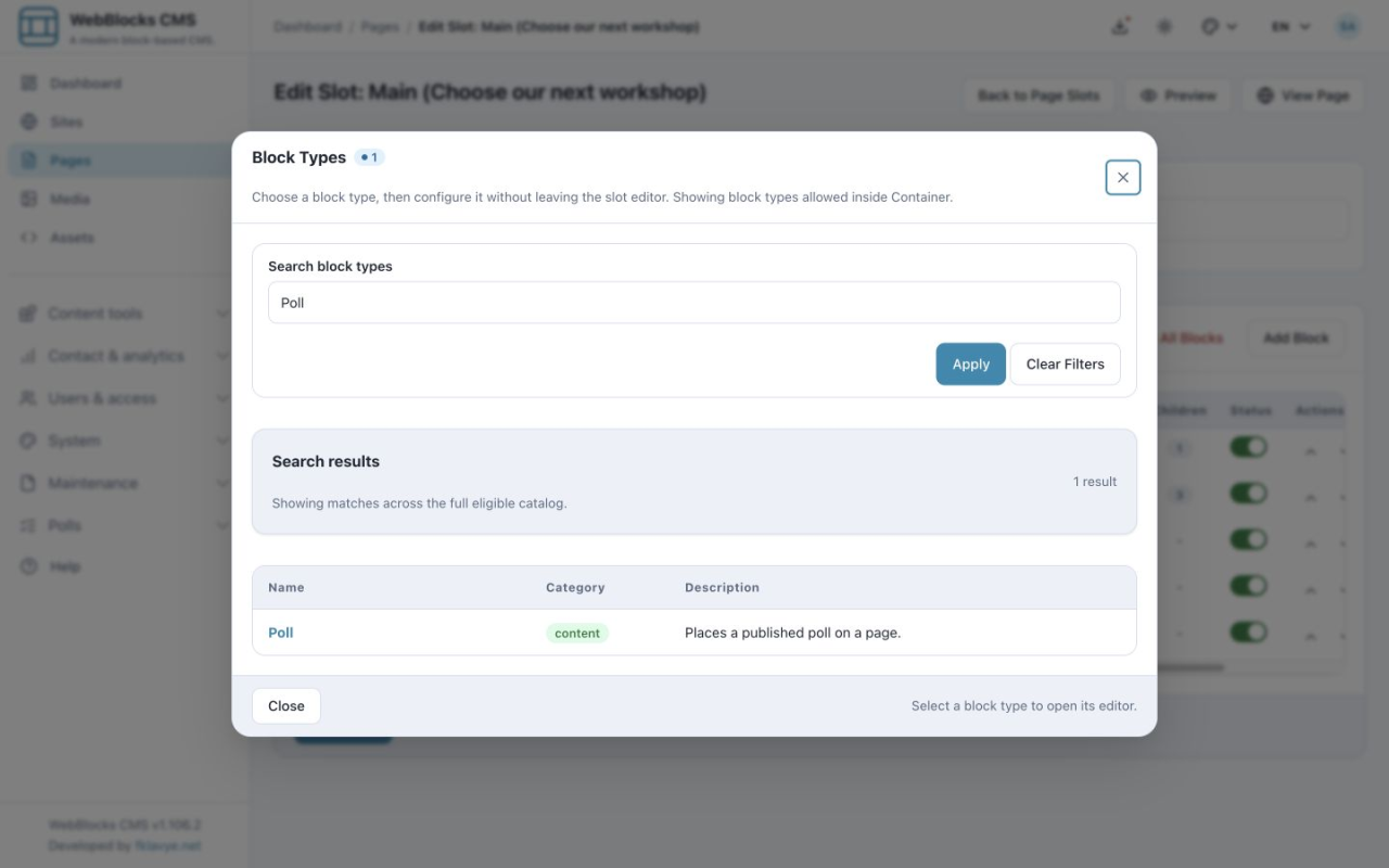 Block catalogue search showing the Poll block available inside the page container