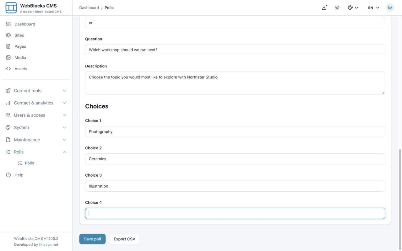 Saved English poll with Export CSV beside Save poll below the choices