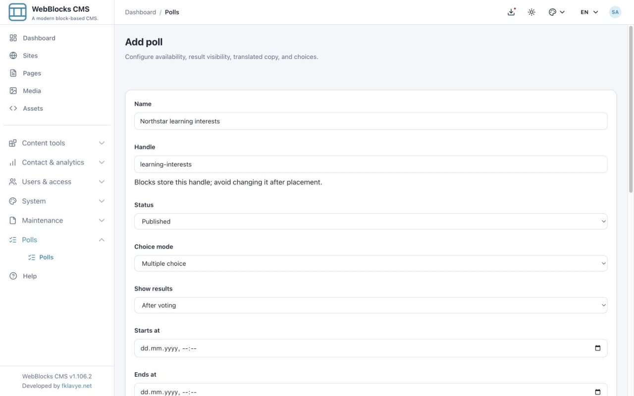 Separate learning-interests poll configured for Multiple choice with After voting