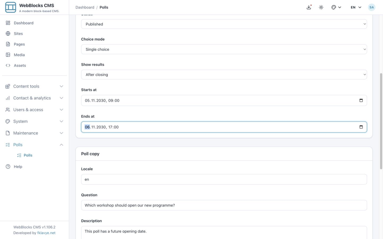 Published scheduled poll with future start and end dates and After closing results selected