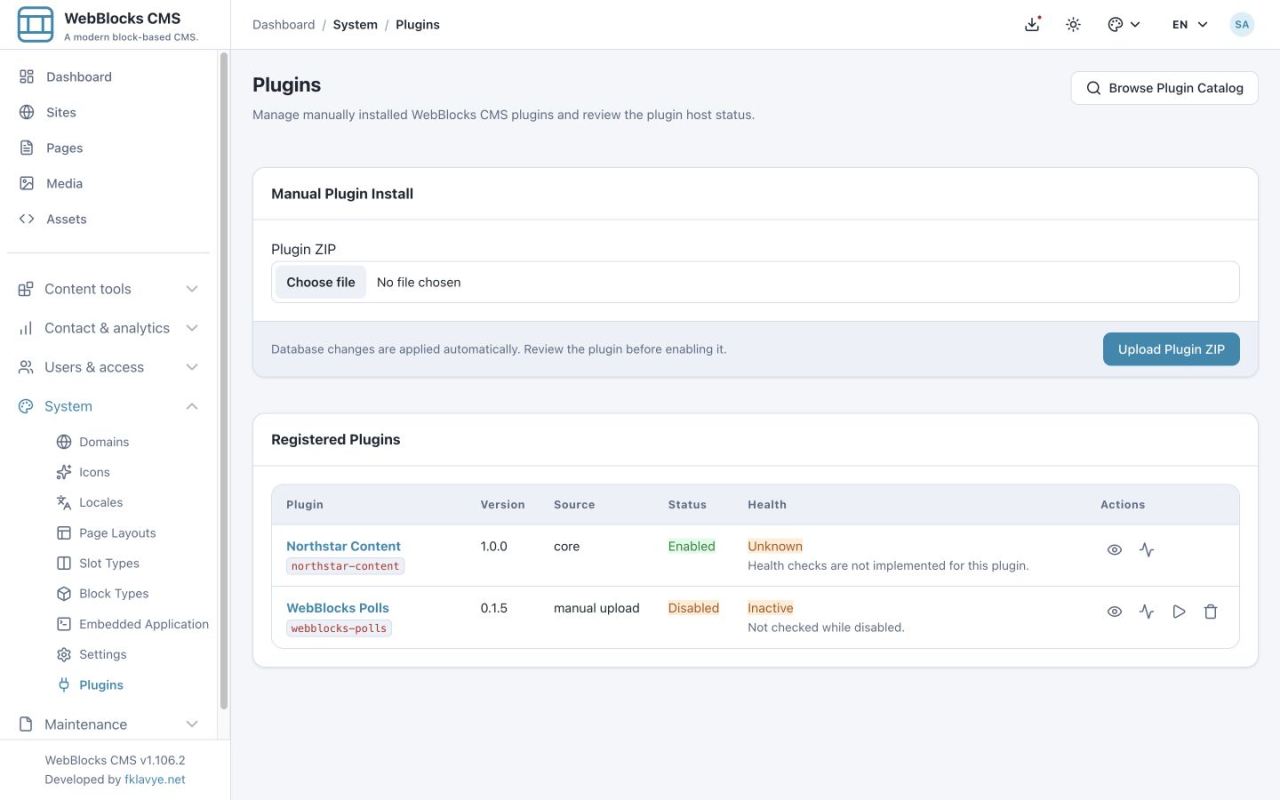 Plugins screen showing WebBlocks Polls 0.1.5 installed but Disabled beside the manual ZIP installation form