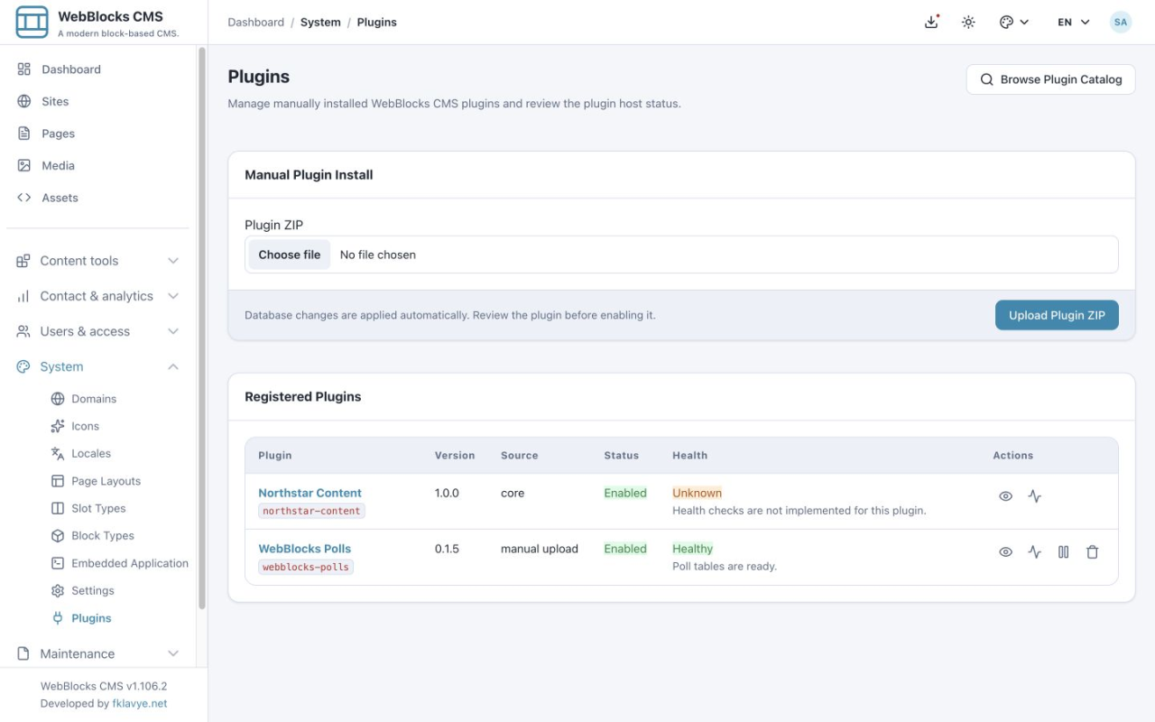 Plugins screen showing WebBlocks Polls 0.1.5 Enabled with Healthy storage