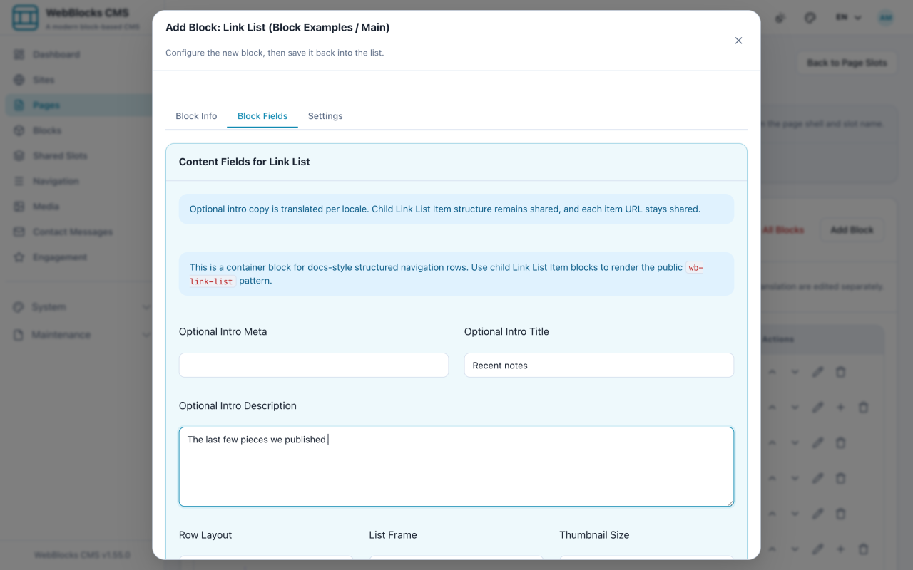Link List block form showing intro fields, row layout, list frame, and thumbnail size.