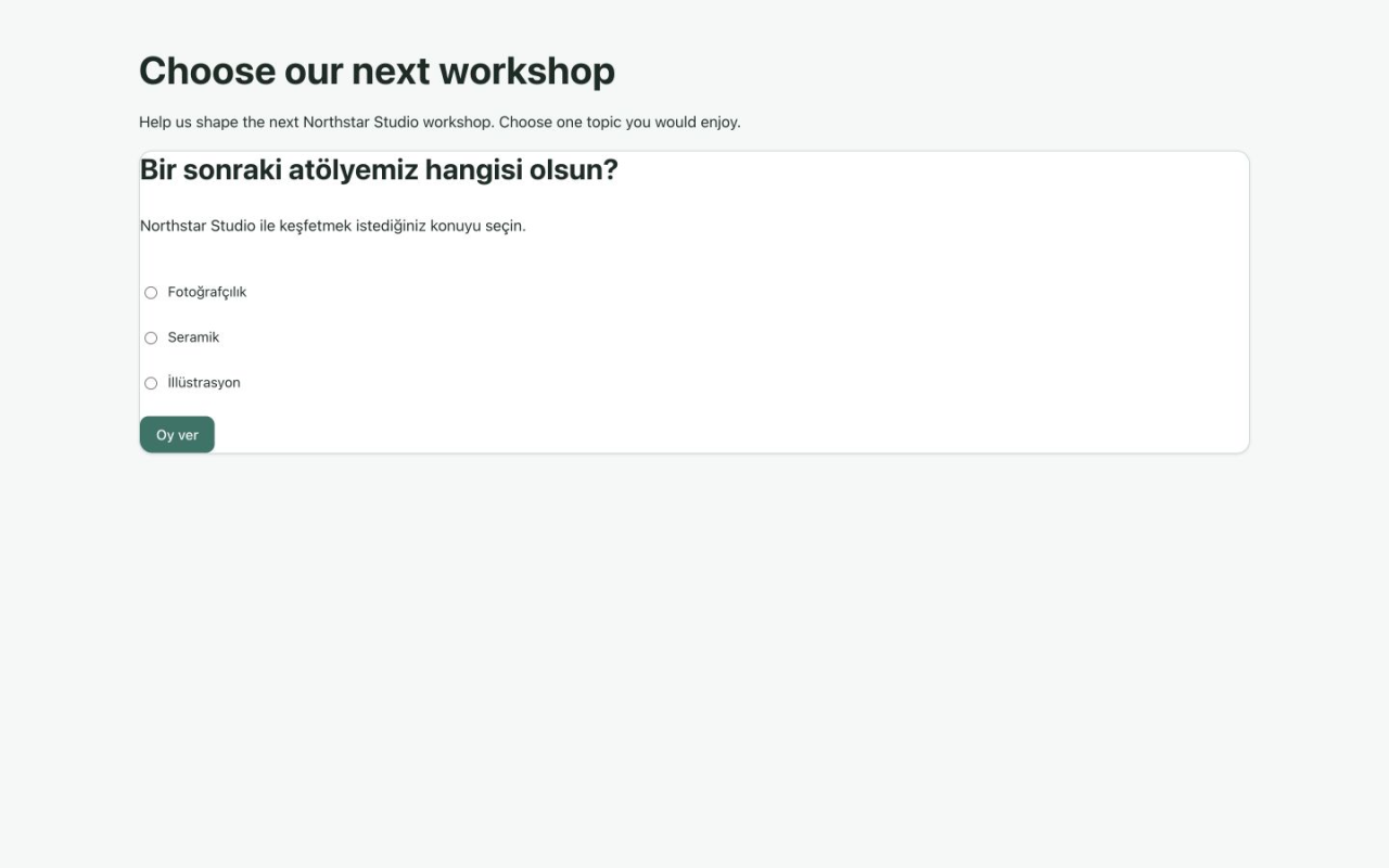 Turkish visitor page showing the translated workshop question, option labels and Oy ver voting button