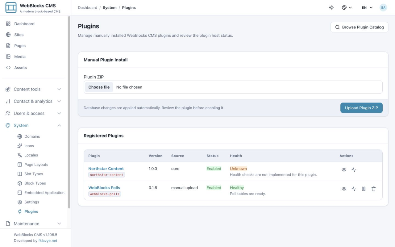 Schermata Plugins con WebBlocks Polls 0.1.6 Enabled e archiviazione Healthy