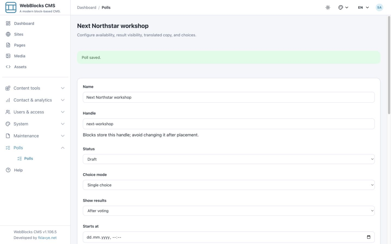 Sondaggio Next Northstar workshop salvato con impostazioni Draft e conferma Poll saved