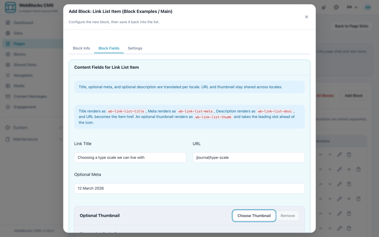 Link List Item form showing the parent block selector, title, URL, meta, and description.
