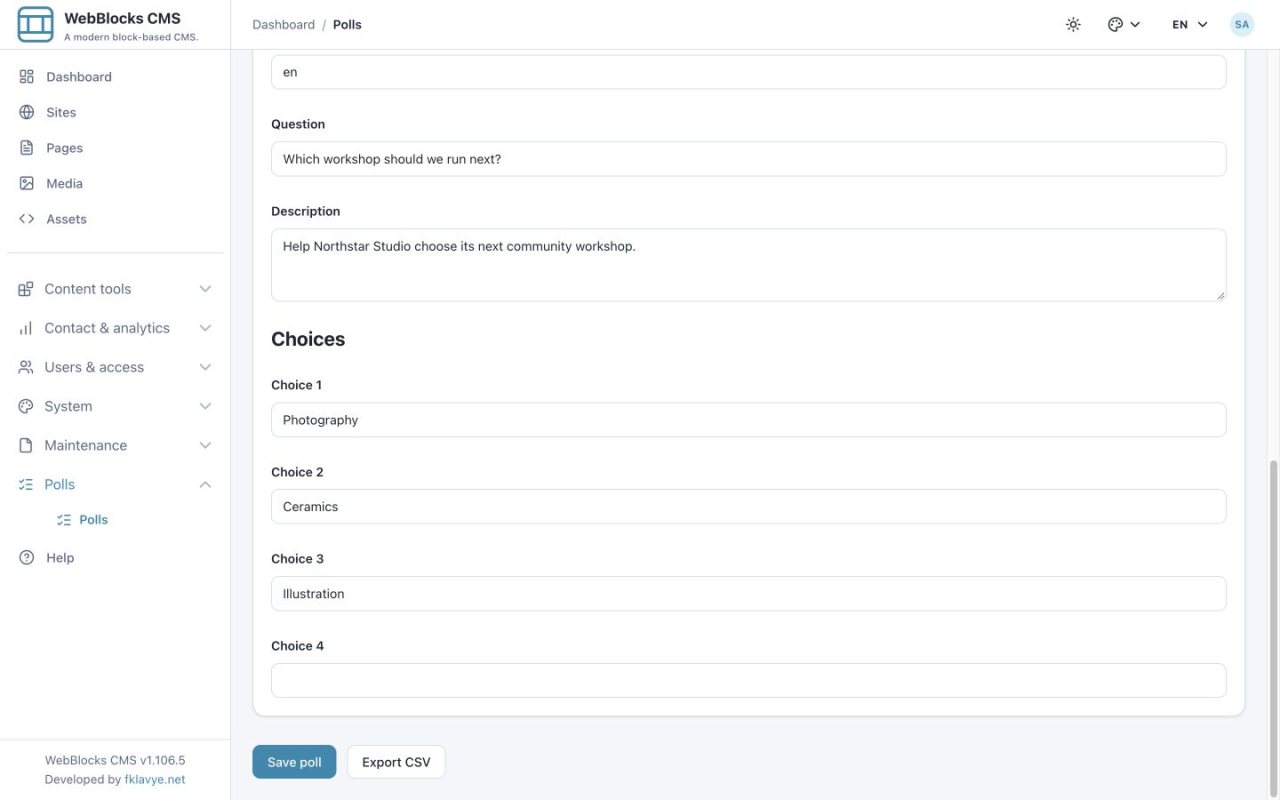 Sondaggio inglese salvato con Export CSV accanto a Save poll sotto le opzioni