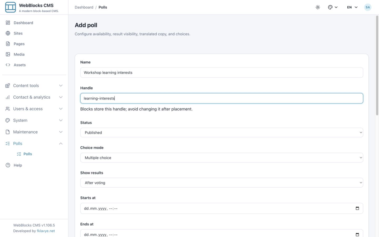 Sondaggio separato learning-interests configurato con Multiple choice e After voting