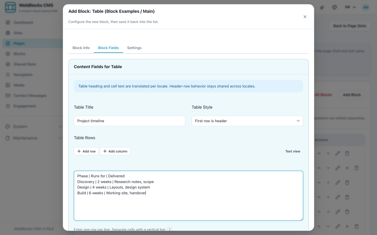 Table block form showing the title, style selector, and rows separated by vertical bars.