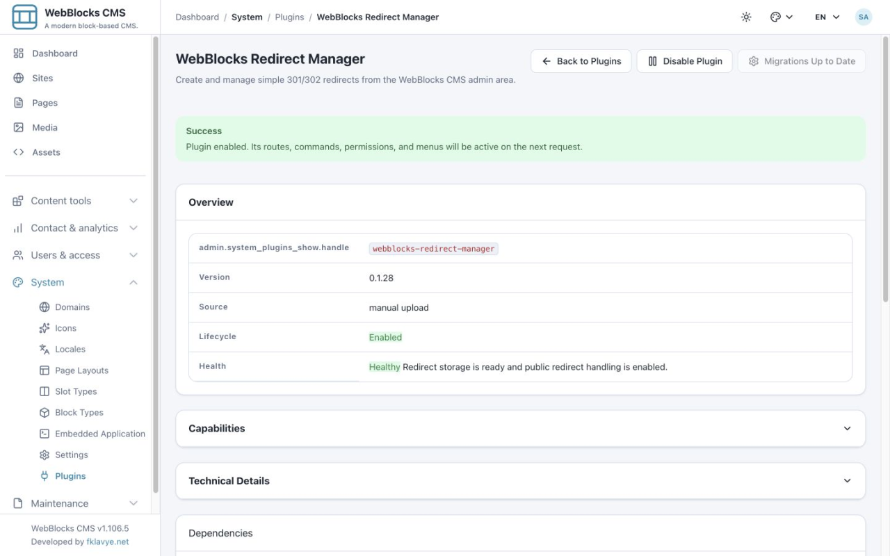 Detalles de Redirect Manager con los estados Enabled, almacenamiento Healthy y Migrations Up to Date