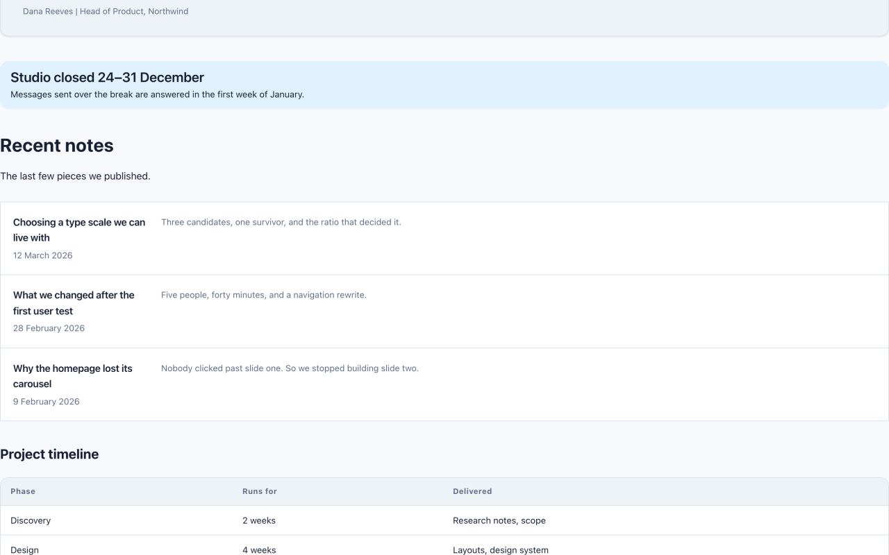 Public page showing a list of linked notes with dates and descriptions, above a data table.