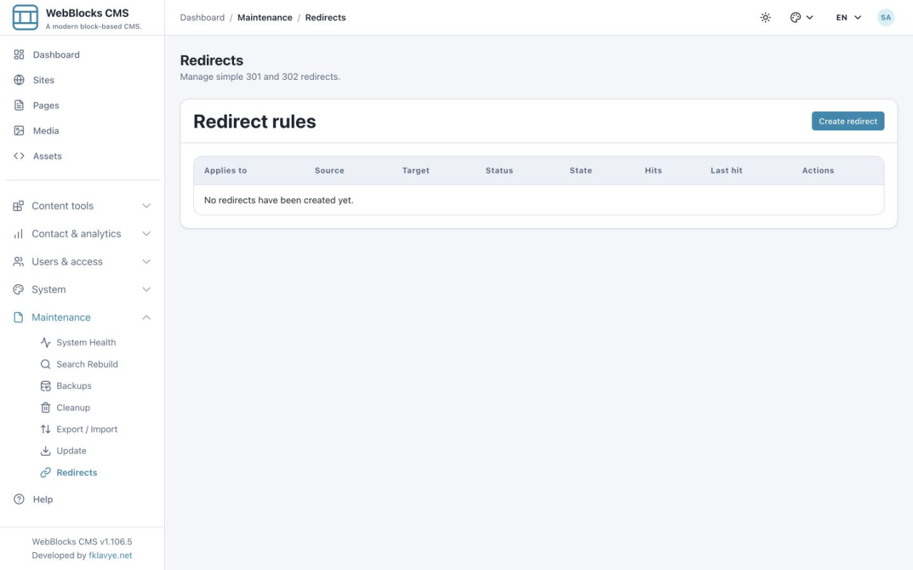 Pantalla Redirects vacía con la acción Create redirect dentro de Maintenance