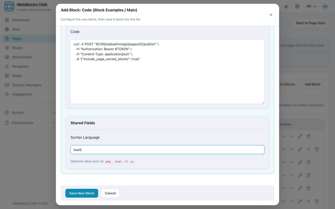 Code block form showing the title, filename label, code sample, and syntax language.