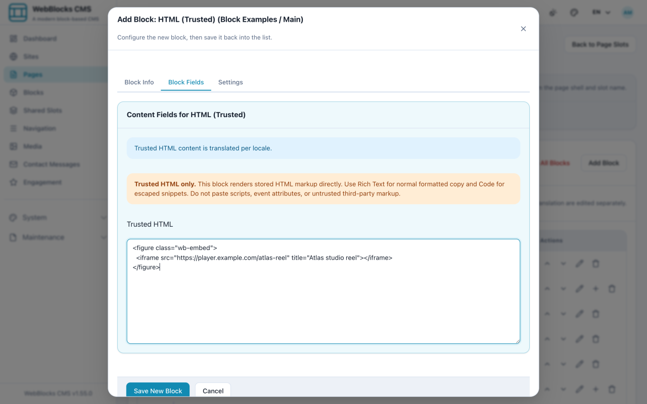 Trusted HTML block form containing an embed snippet.