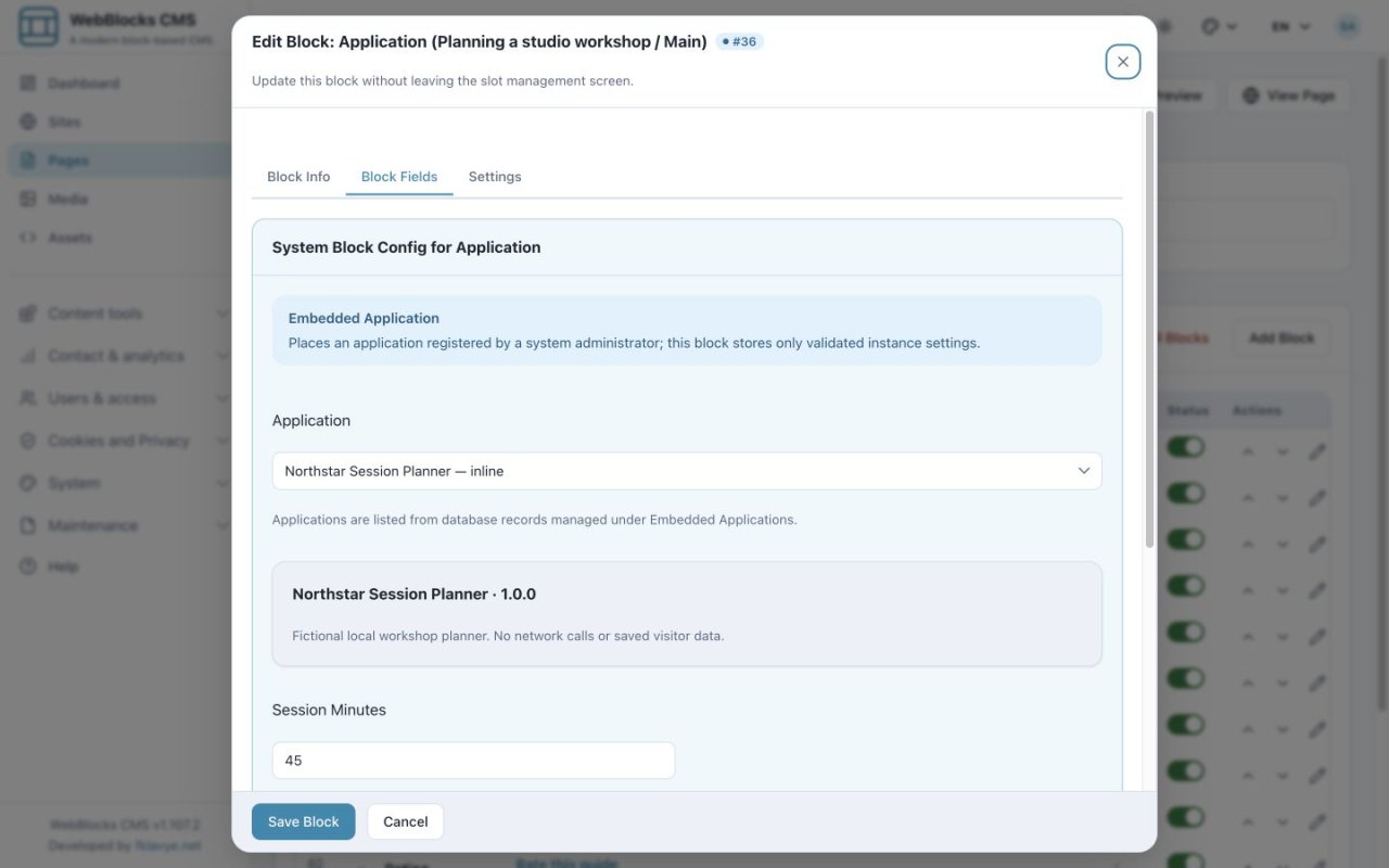 L’editor Application mostra Northstar Session Planner, la durata e i controlli di presentazione.