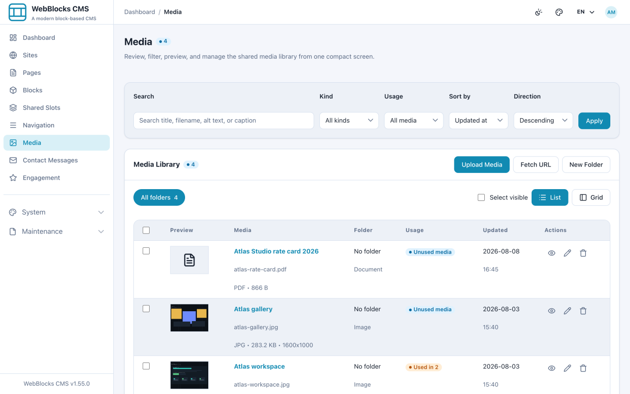 Media Library showing uploaded files with search, kind, and usage filters.