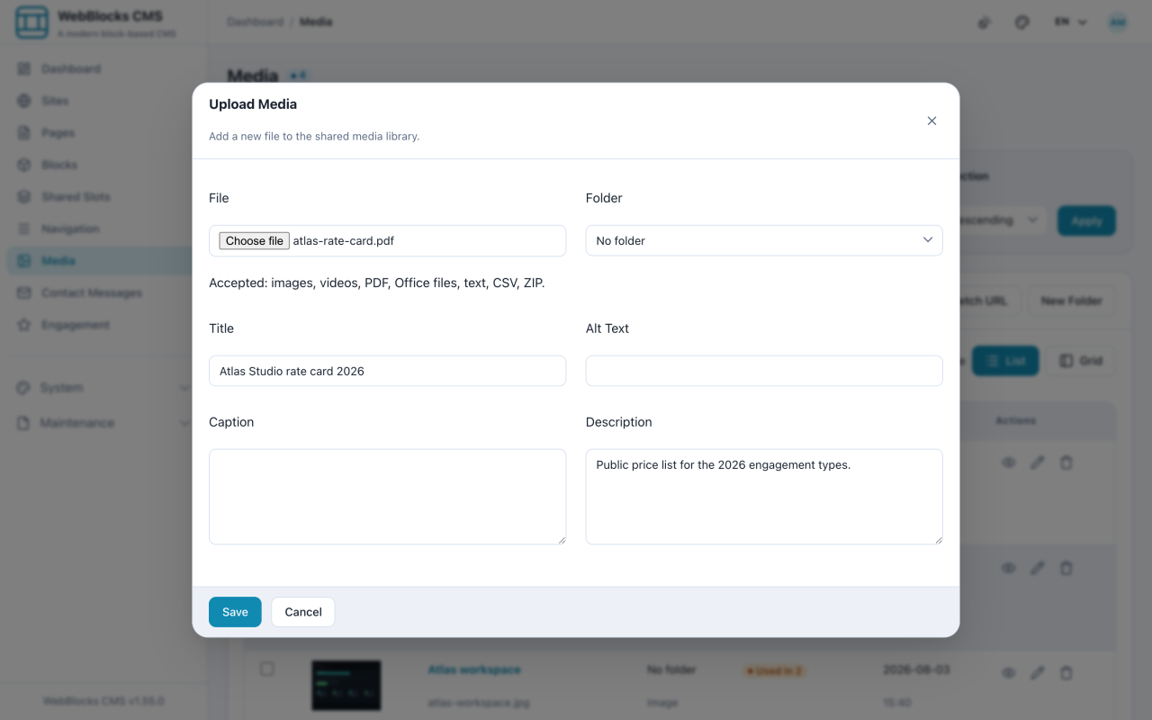 Media upload form with file, folder, title, alt text, caption, and description fields.