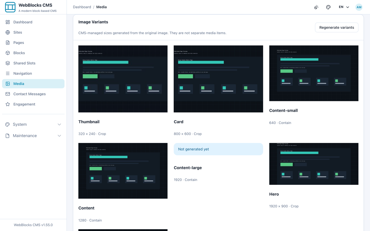 Image Variants panel listing thumbnail, card, and content sizes with a regenerate action.