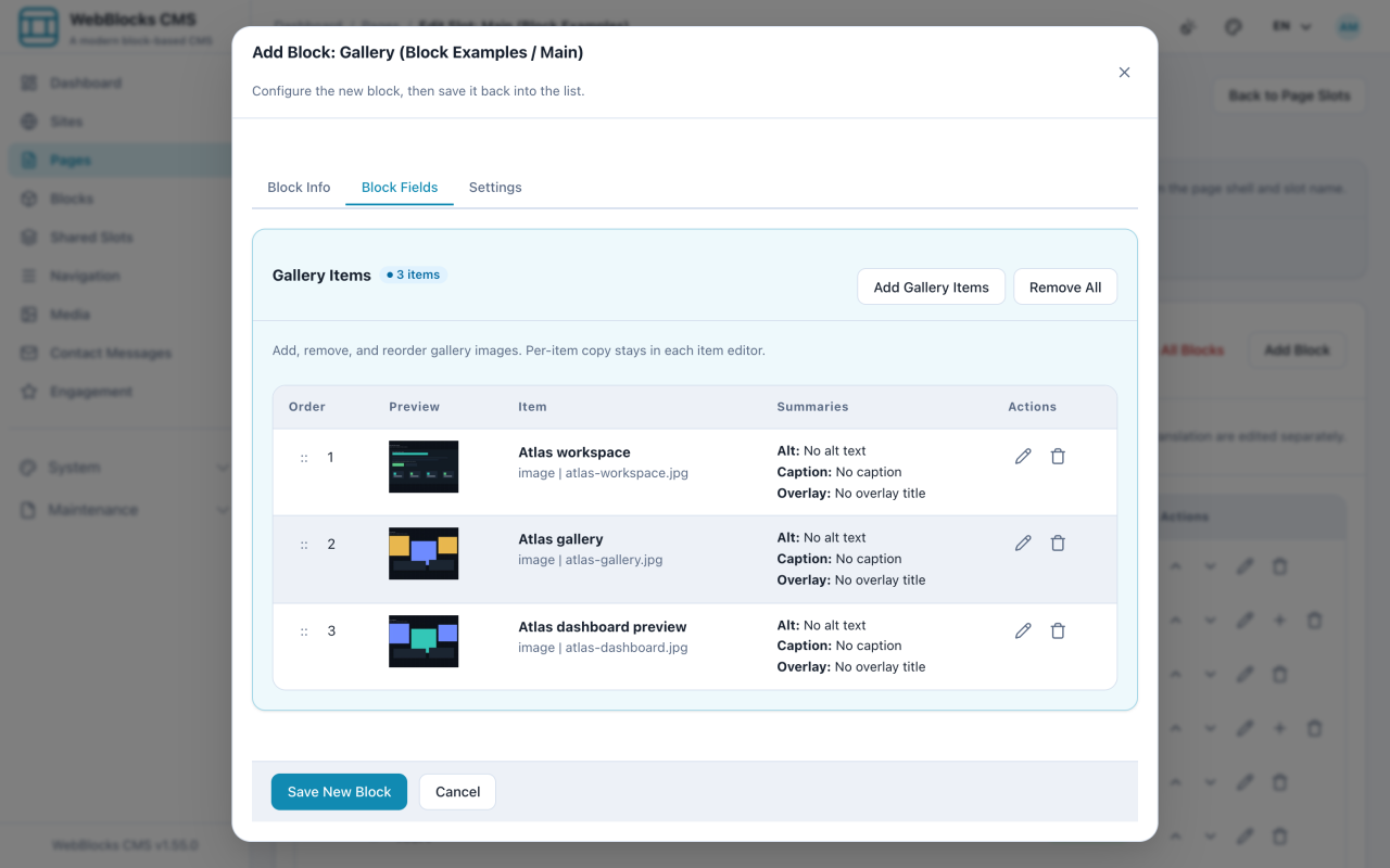 Gallery block form showing selected gallery items, columns, aspect ratio, and caption settings.