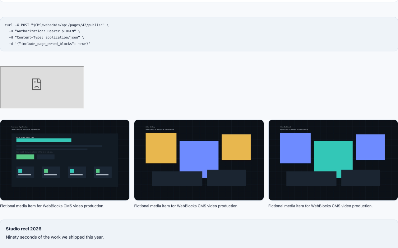 Public page showing a three-column image gallery with captions under each image.
