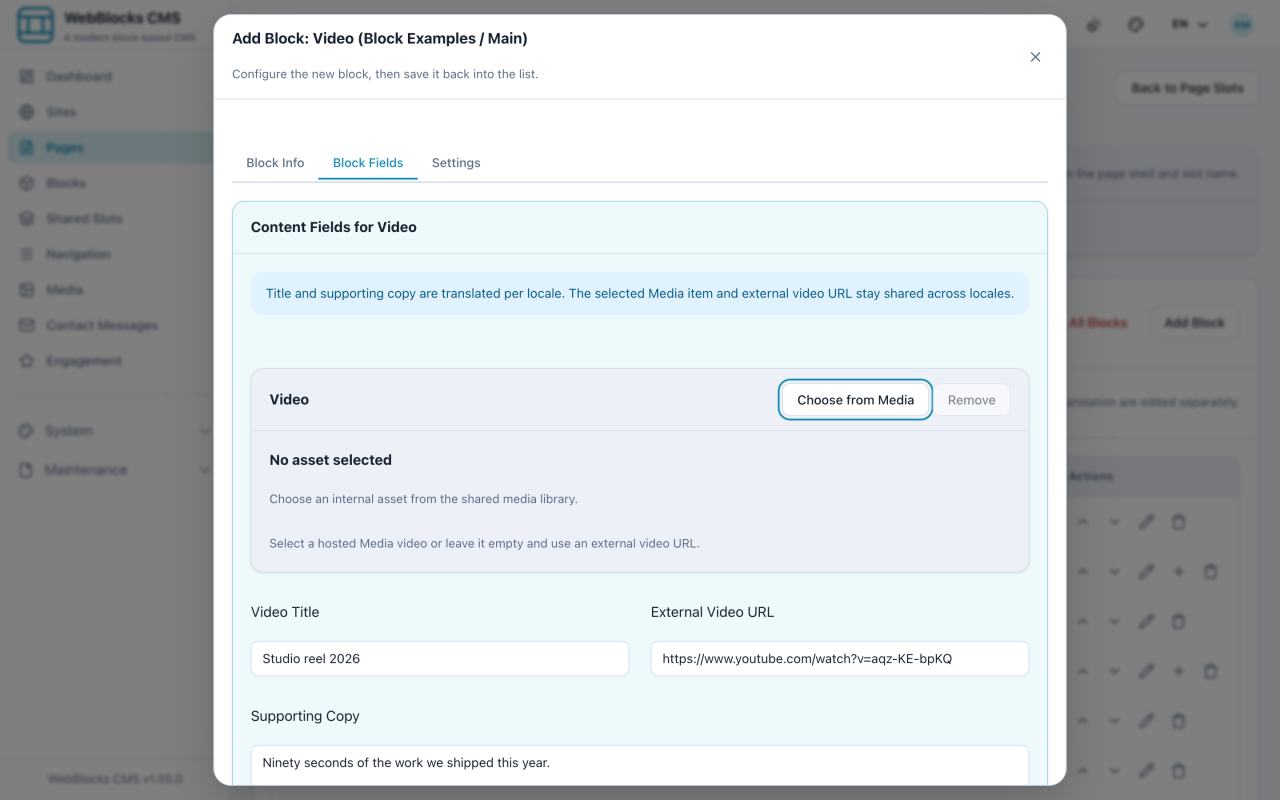 Video block form showing video title, external video URL, and supporting copy.
