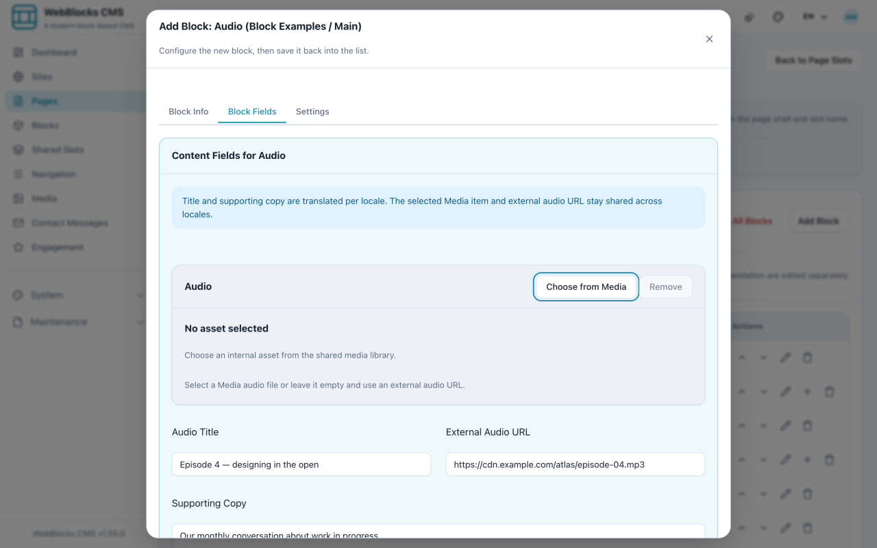 Audio block form showing audio title, external audio URL, and supporting copy.