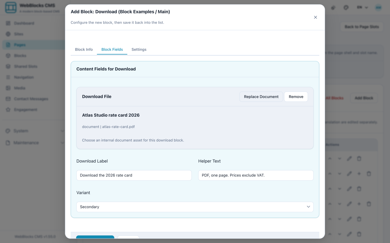 Download block form showing the download label, helper text, and selected document.