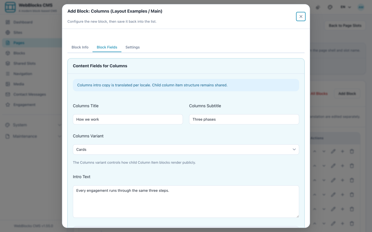 Columns block form showing the title, subtitle, intro text, and variant selector.