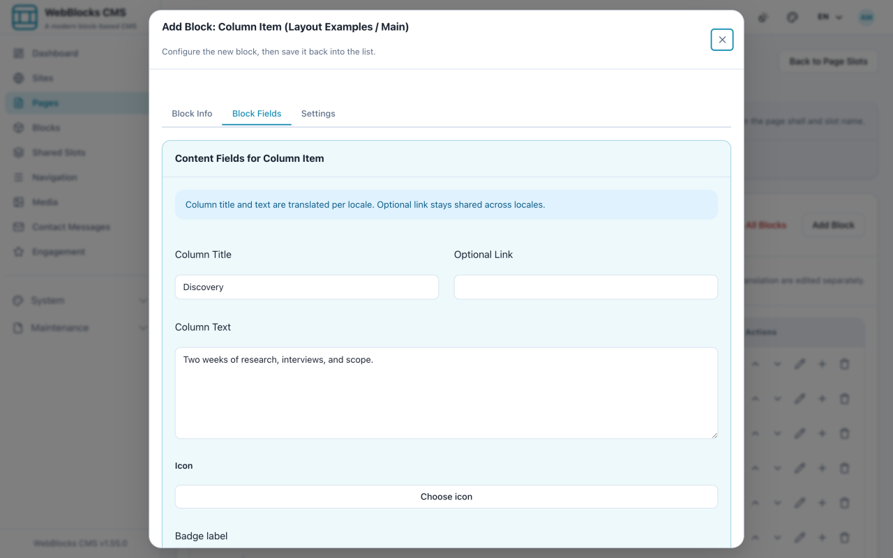 Column Item form showing column title, optional link, column text, and badge label.