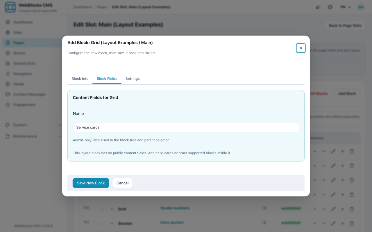 Grid block form showing the admin name, column count, and gap settings.