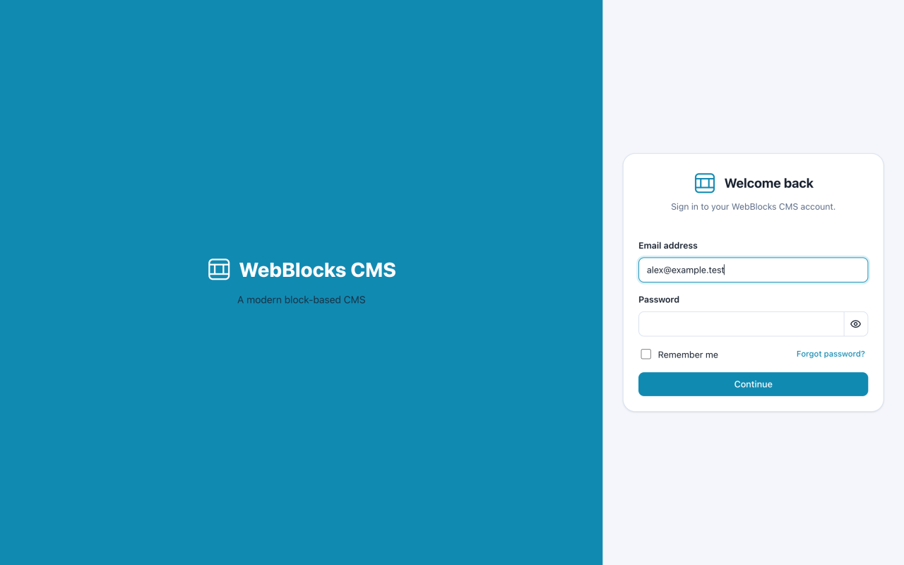 WebBlocks CMS sign-in form with email address and password fields.