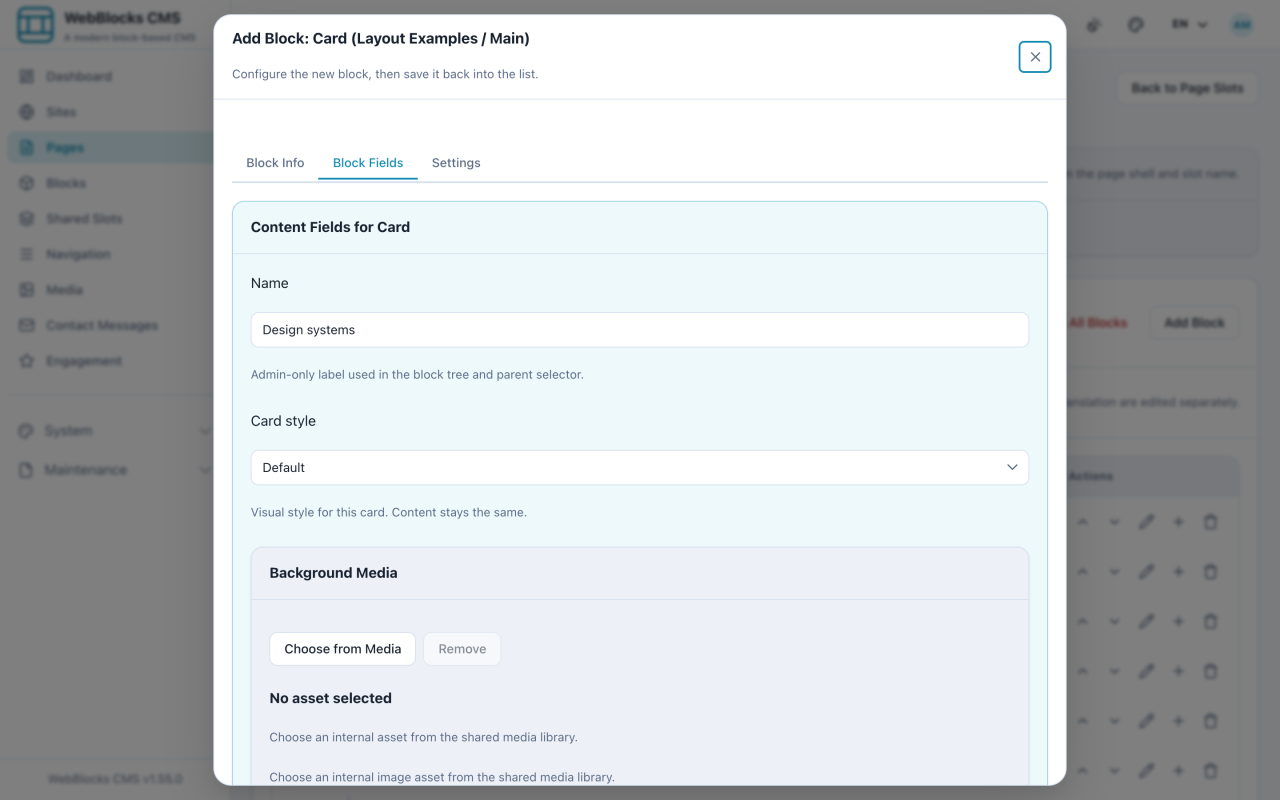 Card block form showing the admin name, card style, and background settings.