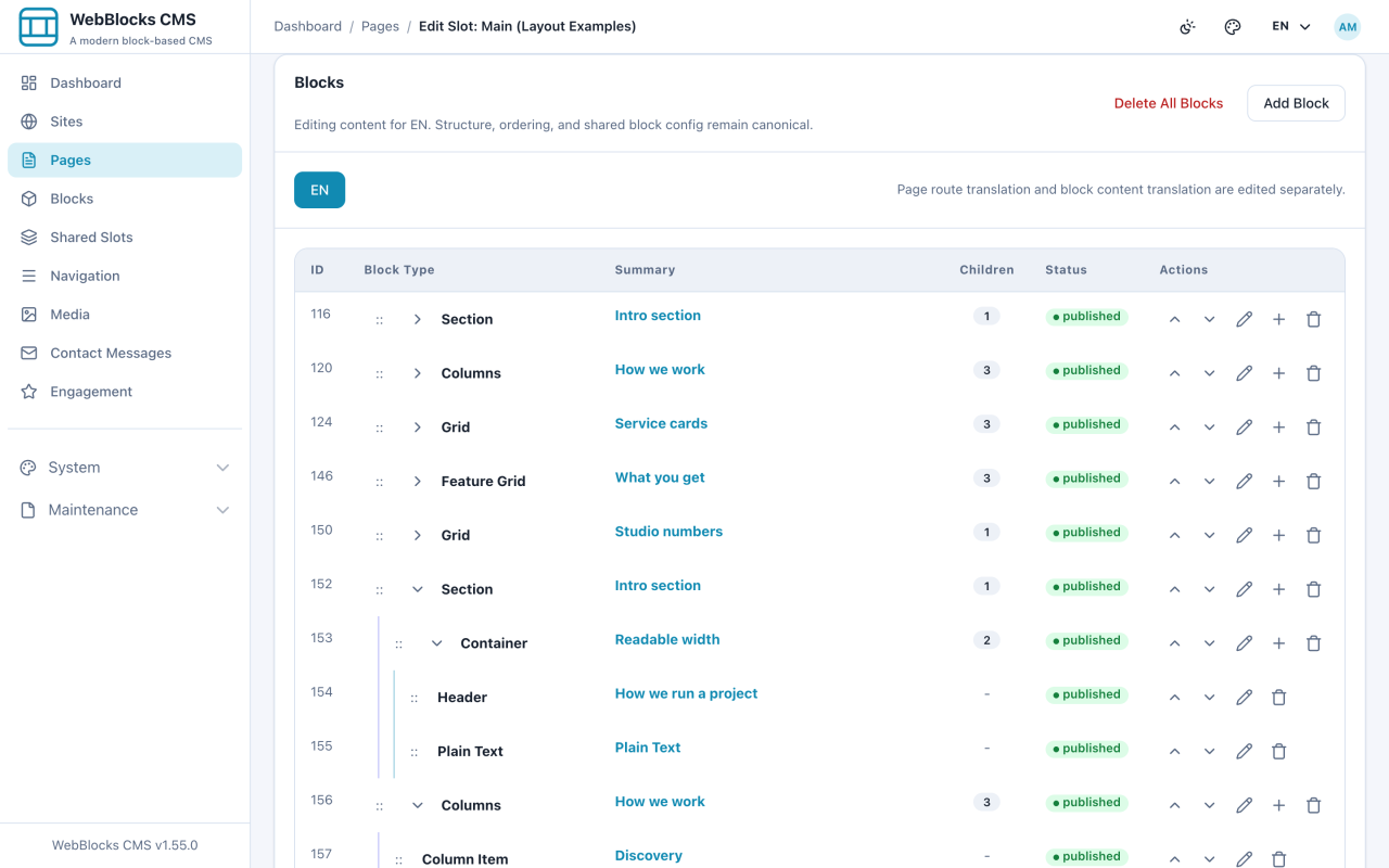 Block list showing cards with their header, body, and footer regions nested inside.