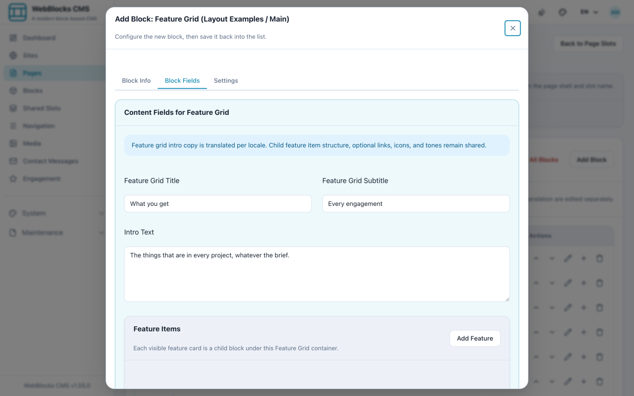 Feature Grid form showing title, subtitle, and intro text.