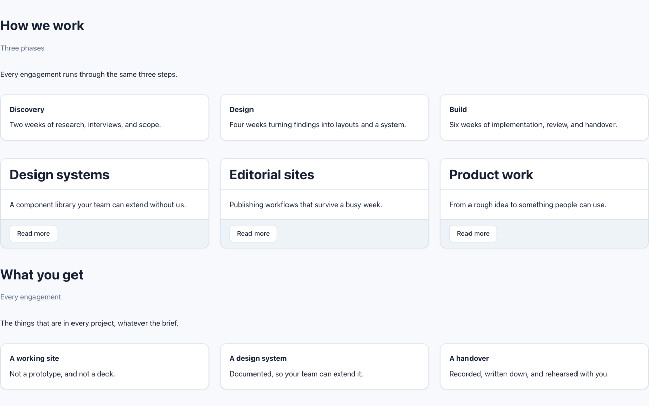 Public page showing a grid of cards above a feature grid.