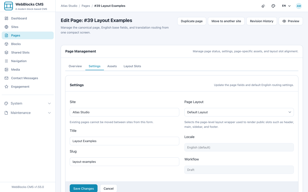 Page settings tab showing the page layout selector.