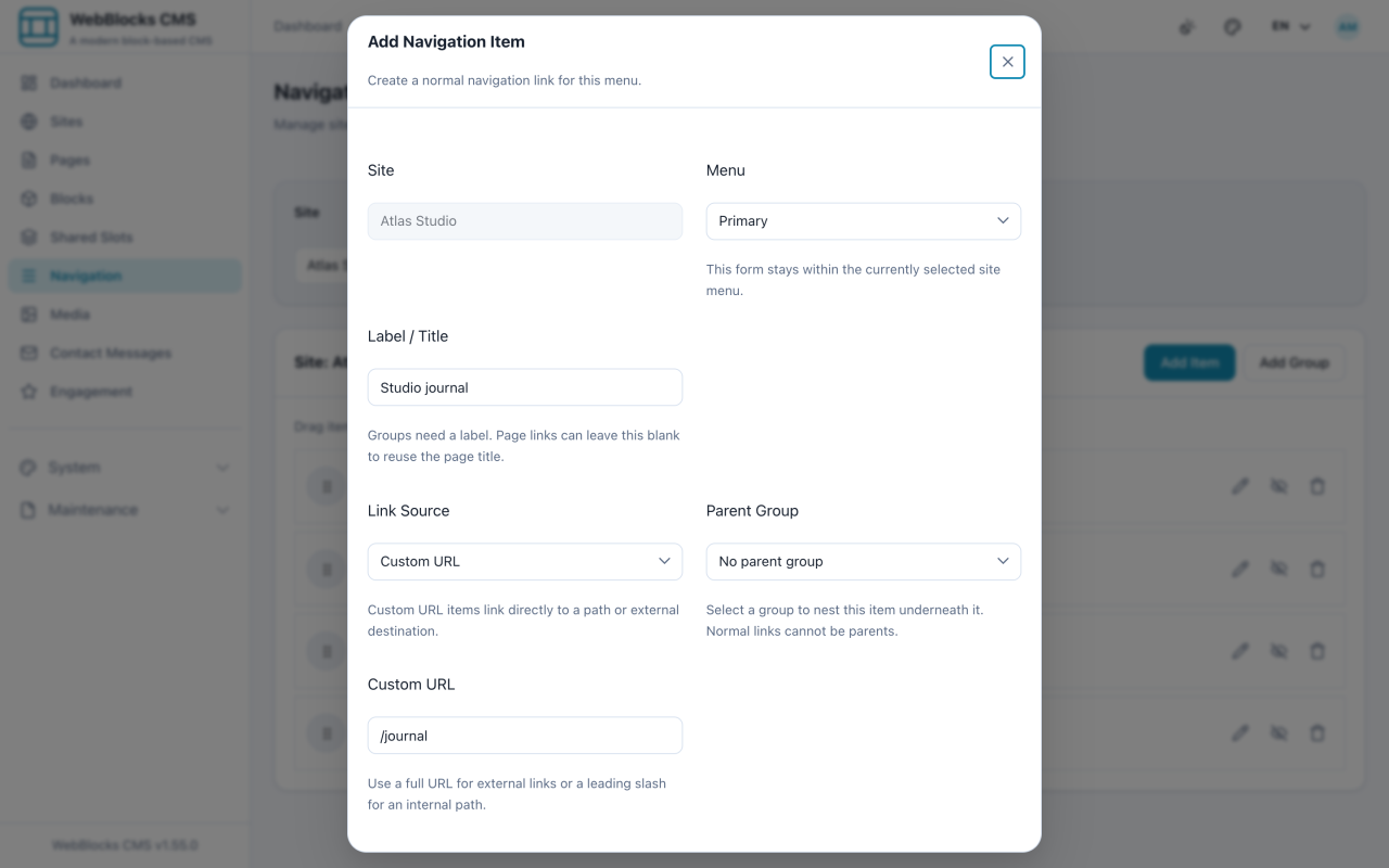 Add navigation item dialog with label, link source, URL, target, and display fields.