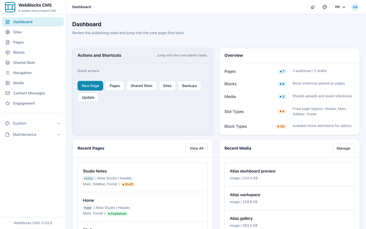 WebBlocks CMS dashboard showing the sidebar and an overview of pages, blocks, and media.