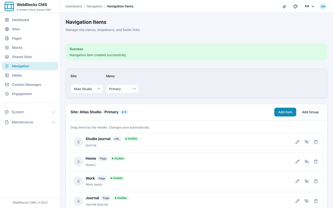 Navigation list showing the newly added item among the existing links.